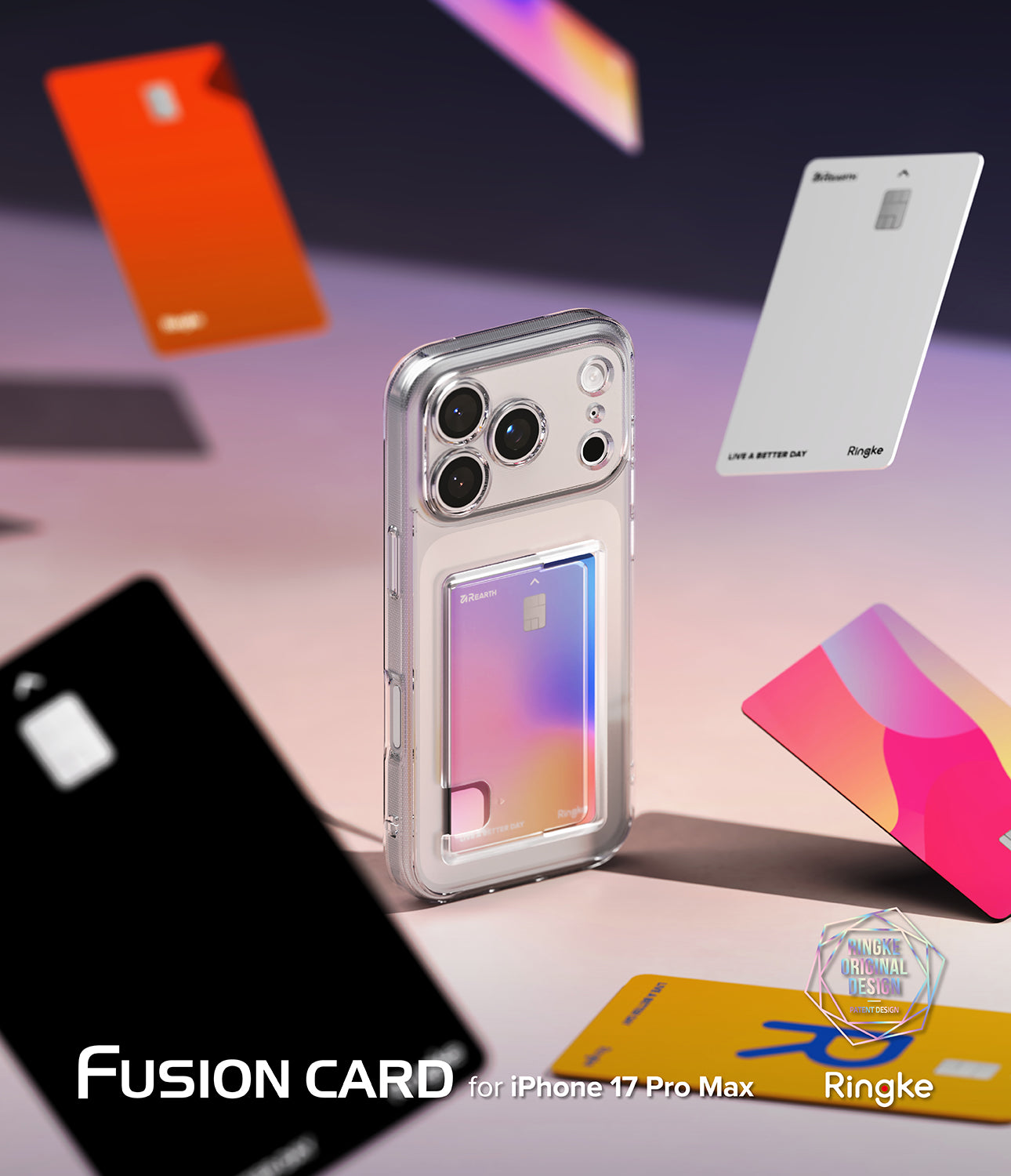 iPhone 17 Pro Max case with 'Fusion Card' branding on a colorful background