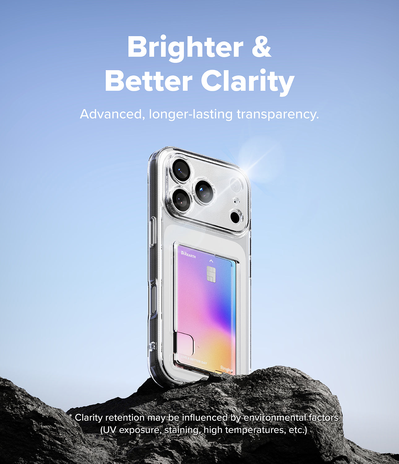 iPhone 17 Pro Max case with clear design with card holder on a rock against a blue sky, emphasizing clarity and transparency.