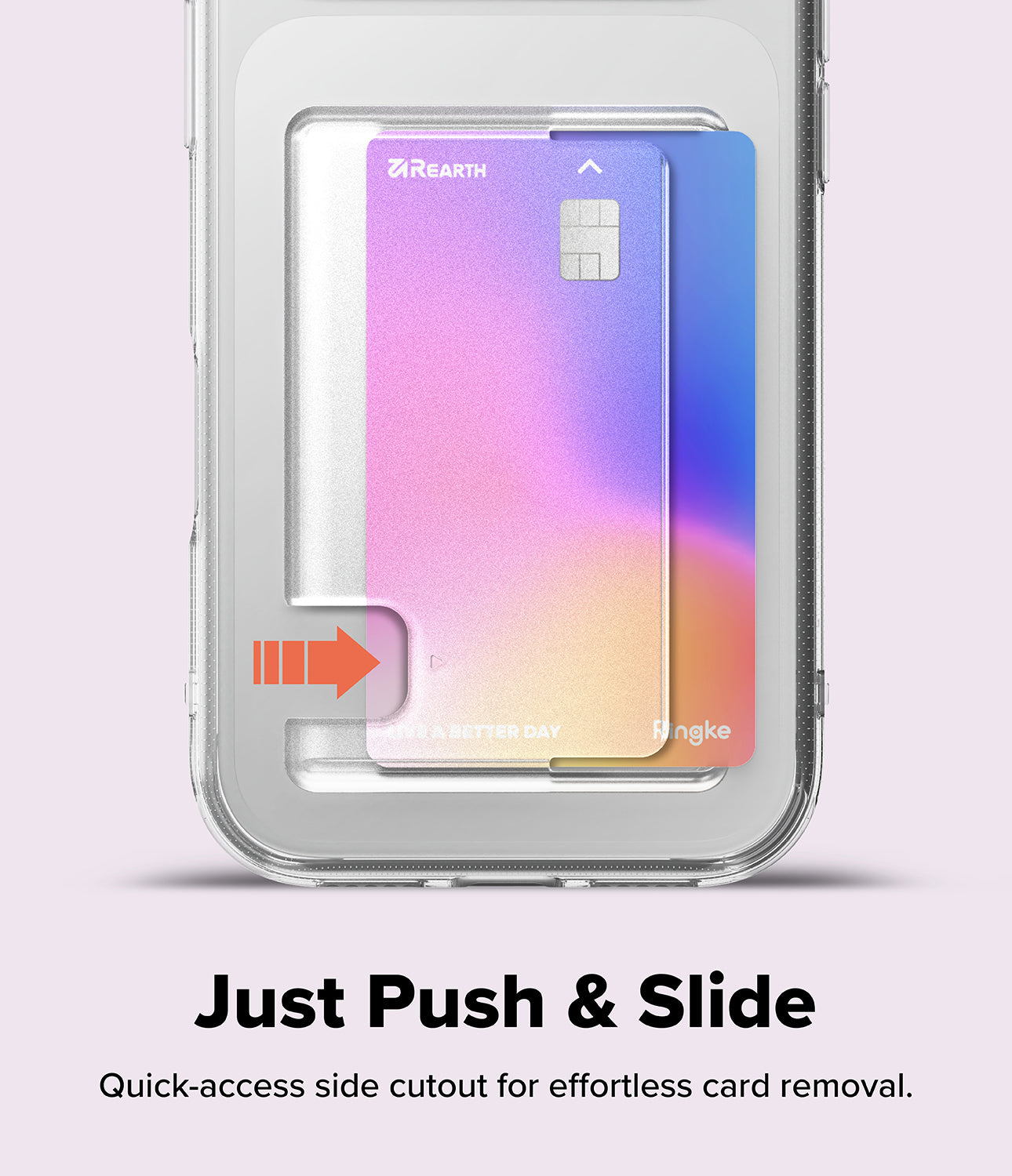 Clear iPhone 17 Pro Max case with built-in card holder featuring a side cutout for quick and easy card access.