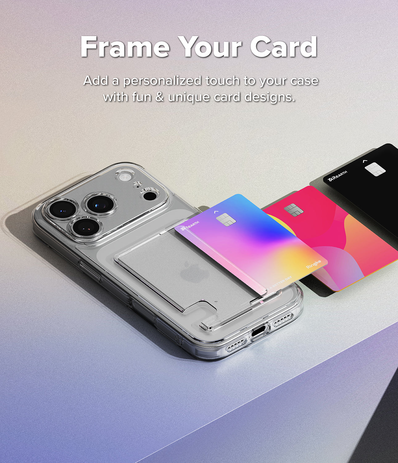 iPhone 17 Pro Max case with card holder and colorful cards on a light background