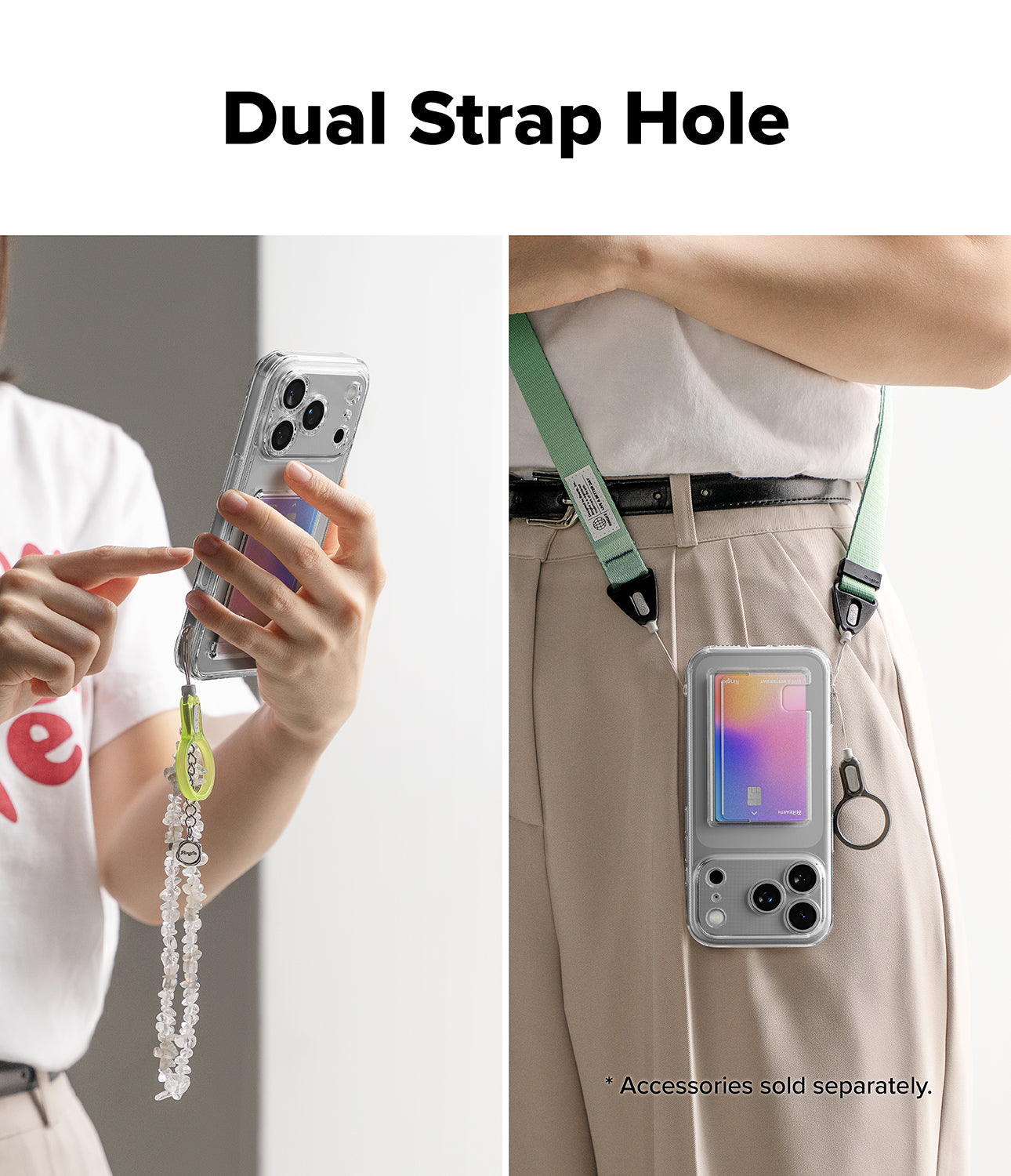 iPhone 17 Pro Max case with card holder with dual strap hole feature, held by a person and worn on a belt.