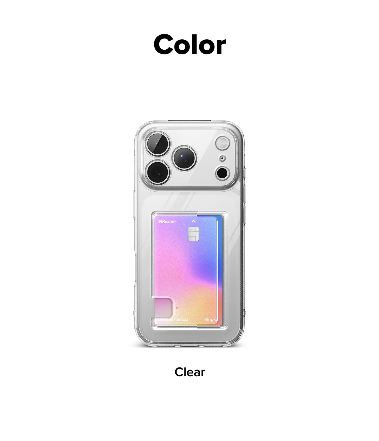 Clear iPhone 17 Pro Max case with card holder on a white background with 'Color' and 'Clear' text.