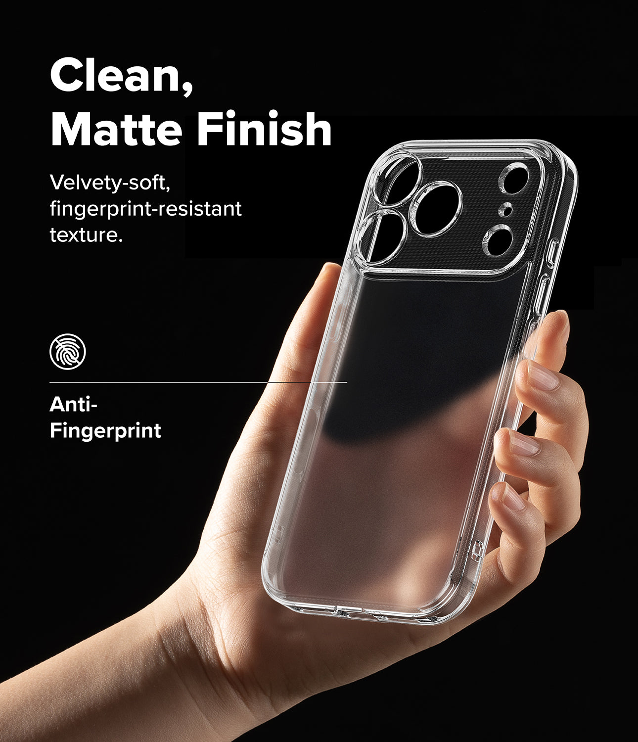 Clear iPhone 17 Pro Max case held in a hand with text about its matte finish and features on a black background