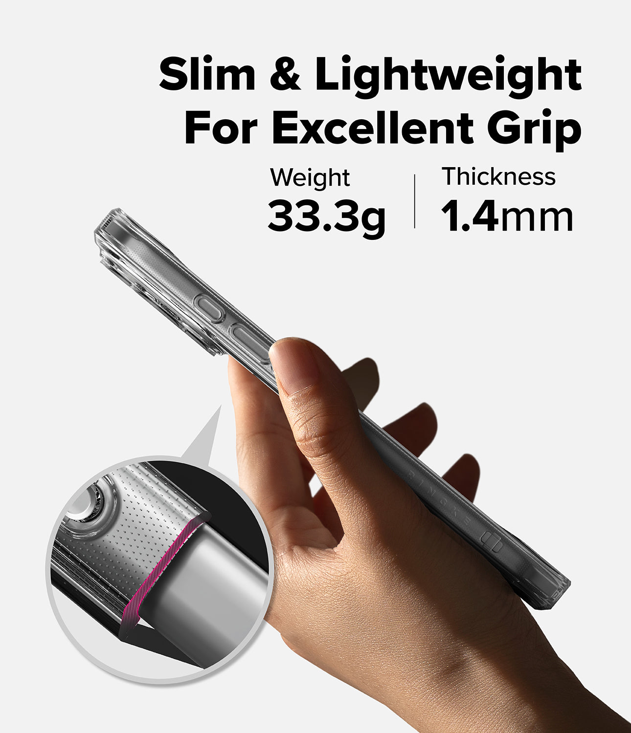 Hand holding a iPhone 17 Pro Max with a clear case, emphasizing slim and lightweight design.
