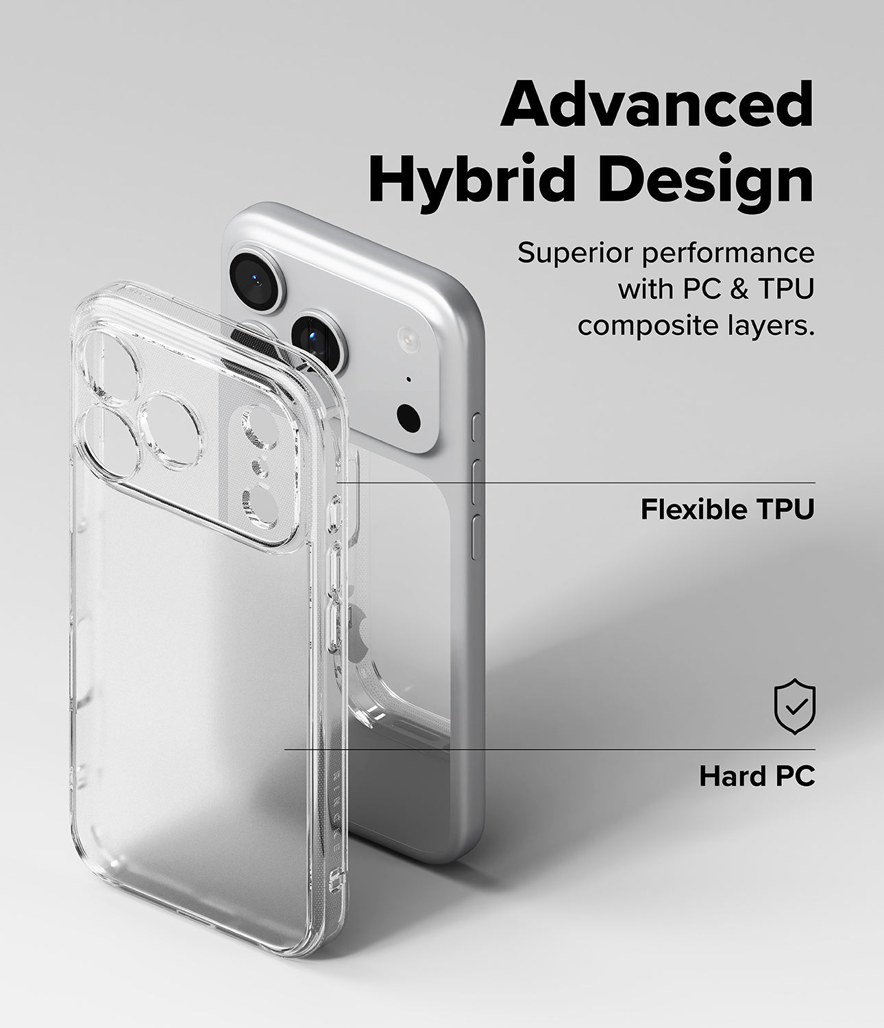 iPhone 17 Pro Max case with translucent back and text about hybrid design