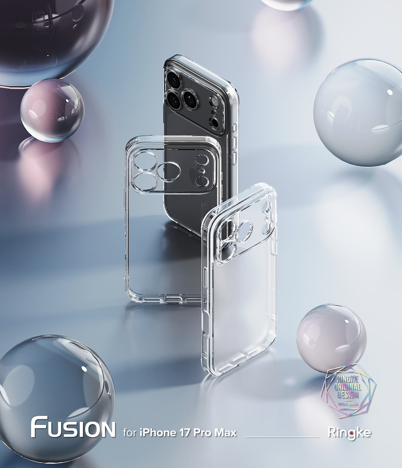 Translucent phone case for iPhone 17 Pro Max with 'Fusion' branding on a reflective surface.