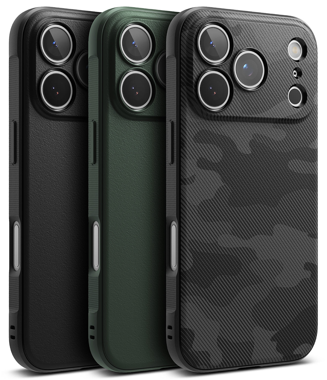 Three iPhone 17 pro max cases in black, green, and camouflage pattern on a white background