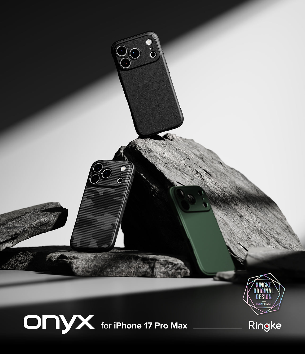 Three iPhone 17 pro max cases on rocks with 'Onyx' and 'Ringke' branding.