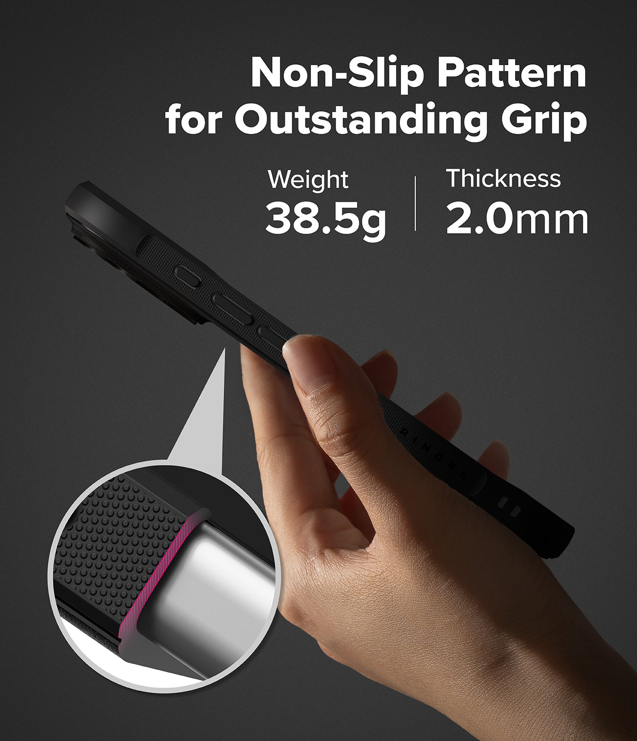 Hand holding a black iPhone 17 pro max with text about non-slip pattern, weight, and thickness on a dark background.