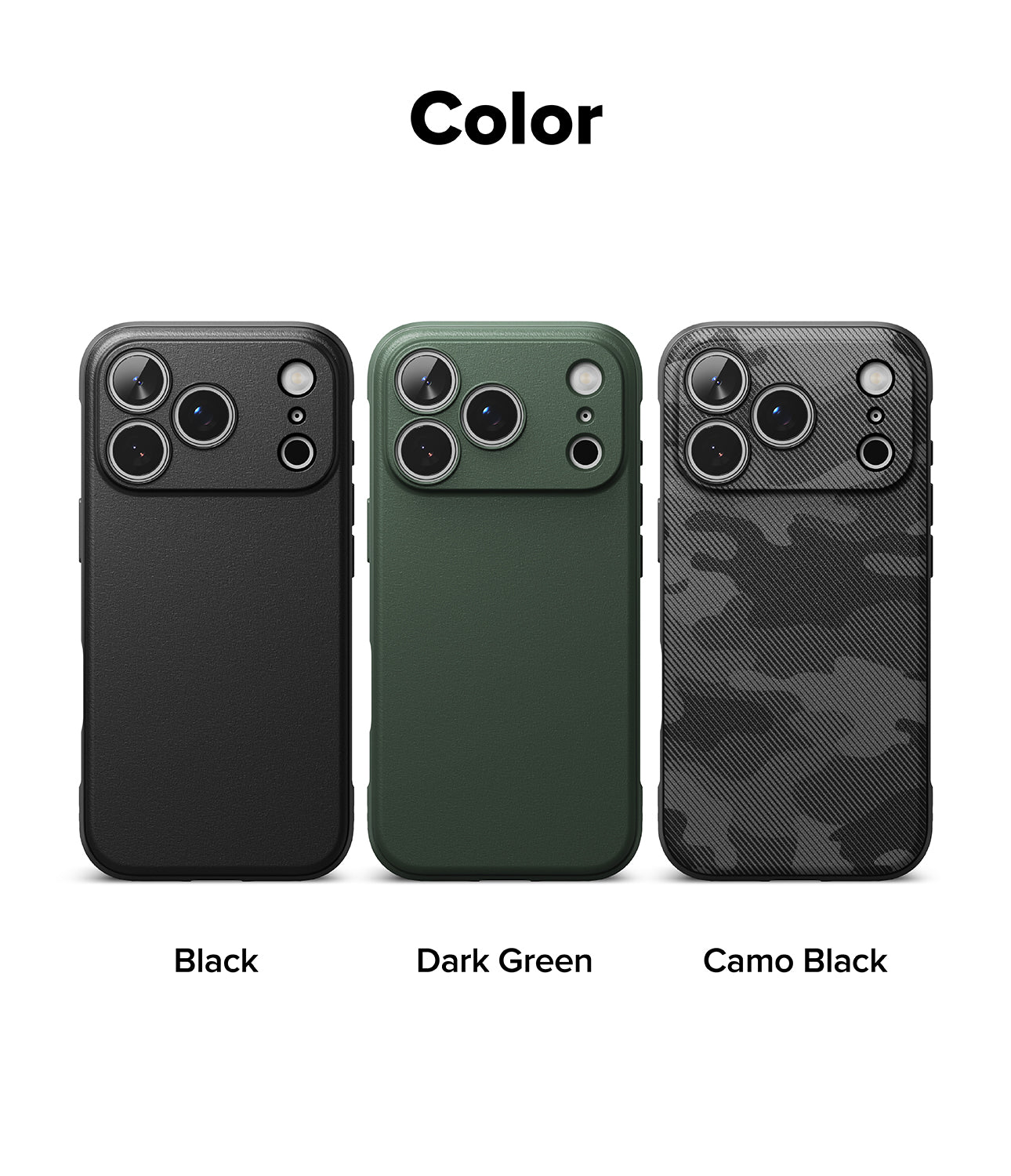 Three iPhone 17 pro max cases in black, dark green, and camo black on a white background.