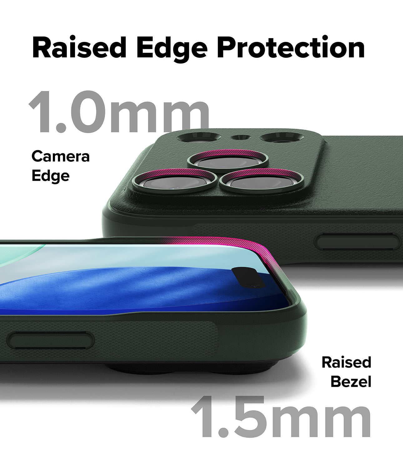 iPhone 17 pro max case with raised edge protection features labeled on a white background
