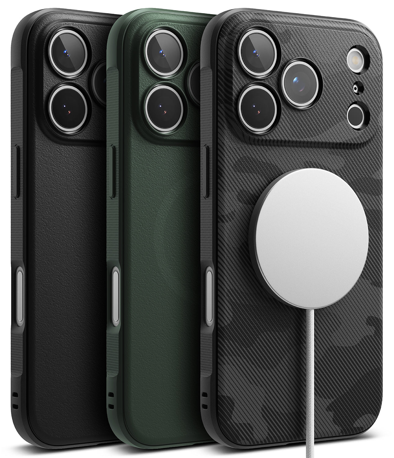 Three iPhone 17 pro max cases with magnetic pop socket in black, green, and camouflage pattern on a white background