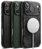 Three iPhone 17 pro max cases with magnetic pop socket in black, green, and camouflage pattern on a white background