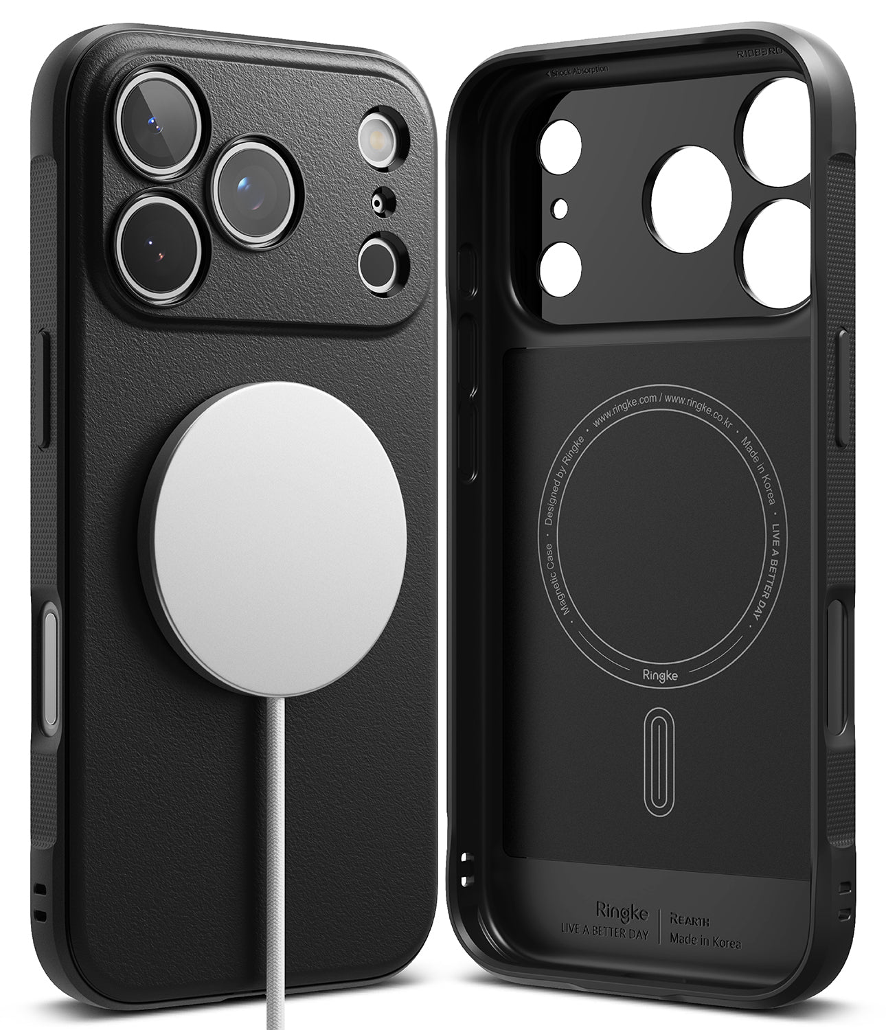 Black iPhone 17 pro max case with magnetic pop socket on a white background