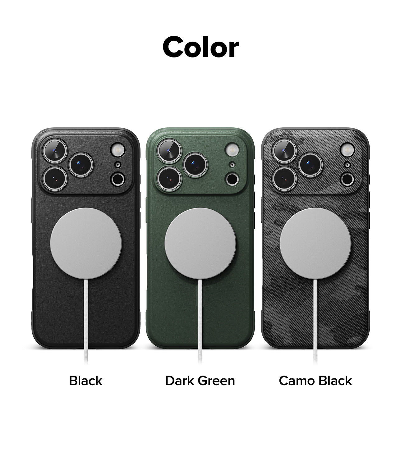 Three iPhone 17 pro max cases in black, dark green, and camo black with a gray pop socket on a white background.