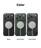 Three iPhone 17 pro max cases in black, dark green, and camo black with a gray pop socket on a white background.