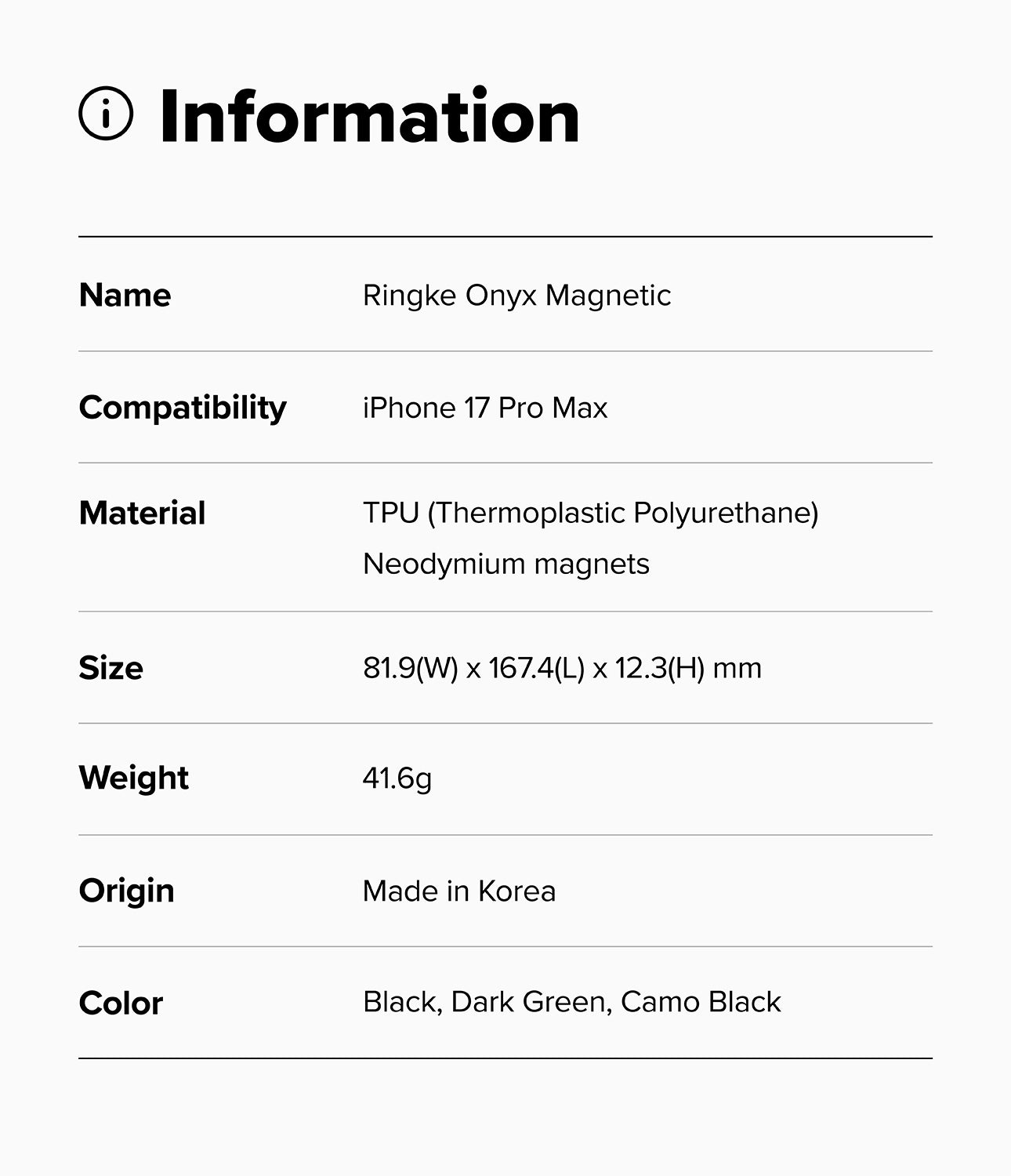 Product information card for Ringke Onyx Magnetic case with specifications.