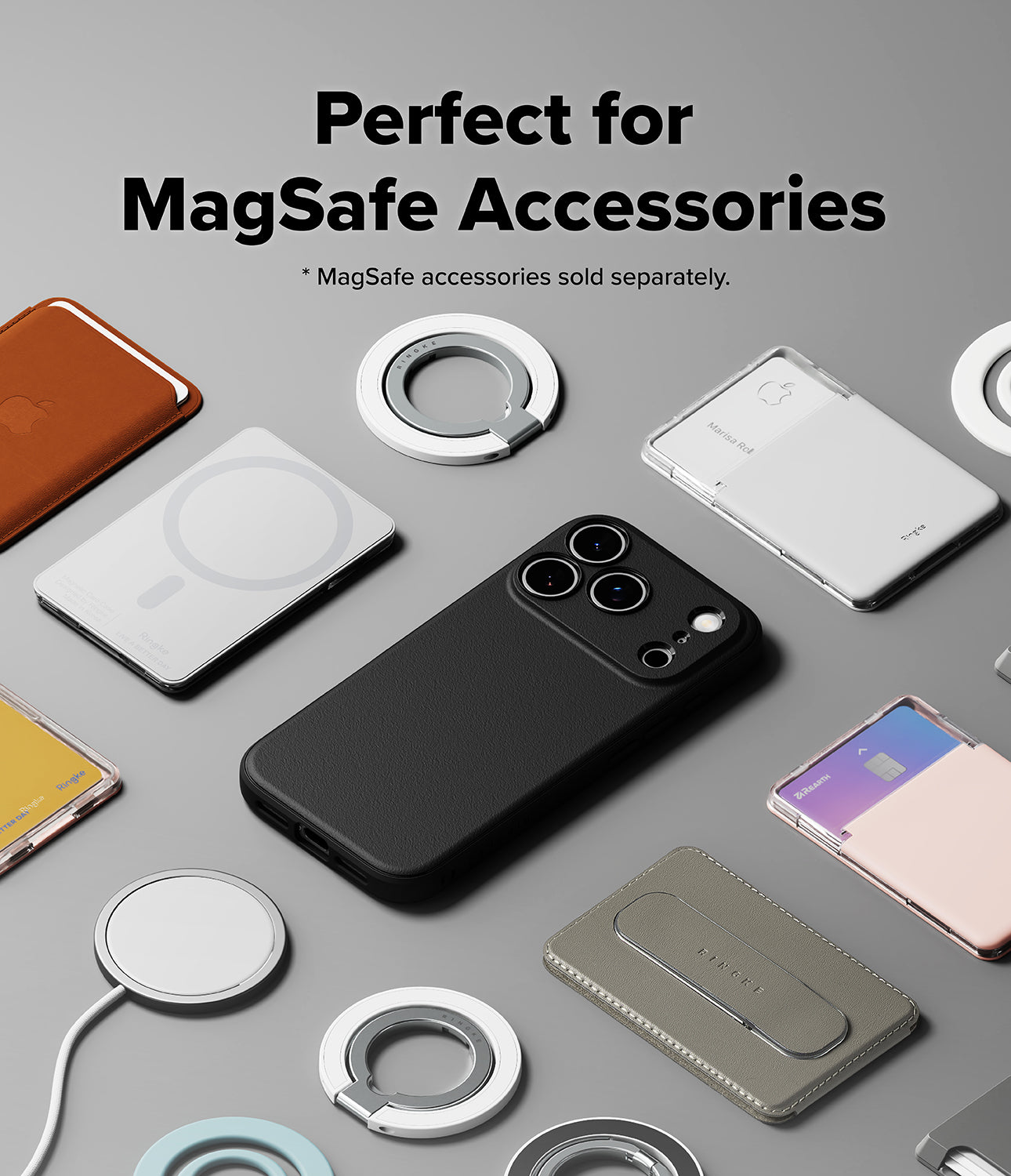 Collection of iPhone 17 pro max cases and accessories on a gray background with text about MagSafe accessories.