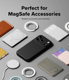 Collection of iPhone 17 pro max cases and accessories on a gray background with text about MagSafe accessories.