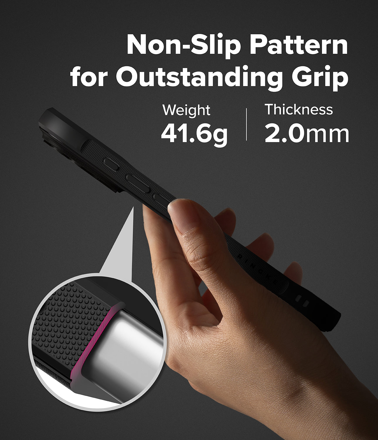 Hand holding a black iPhone 17 pro max with text about non-slip pattern, weight, and thickness on a dark background.