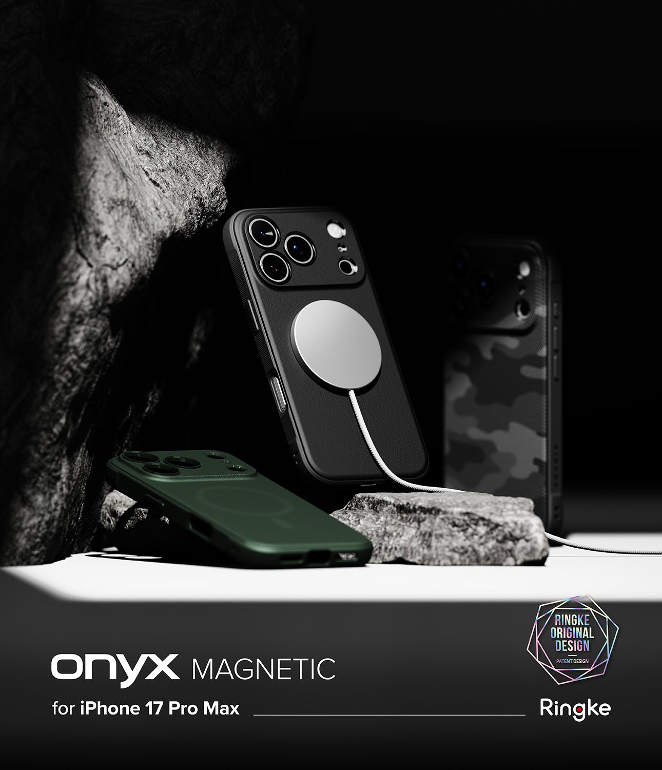 Onyx Magnetic phone case for iPhone 17 Pro Max by Ringke on a dark background