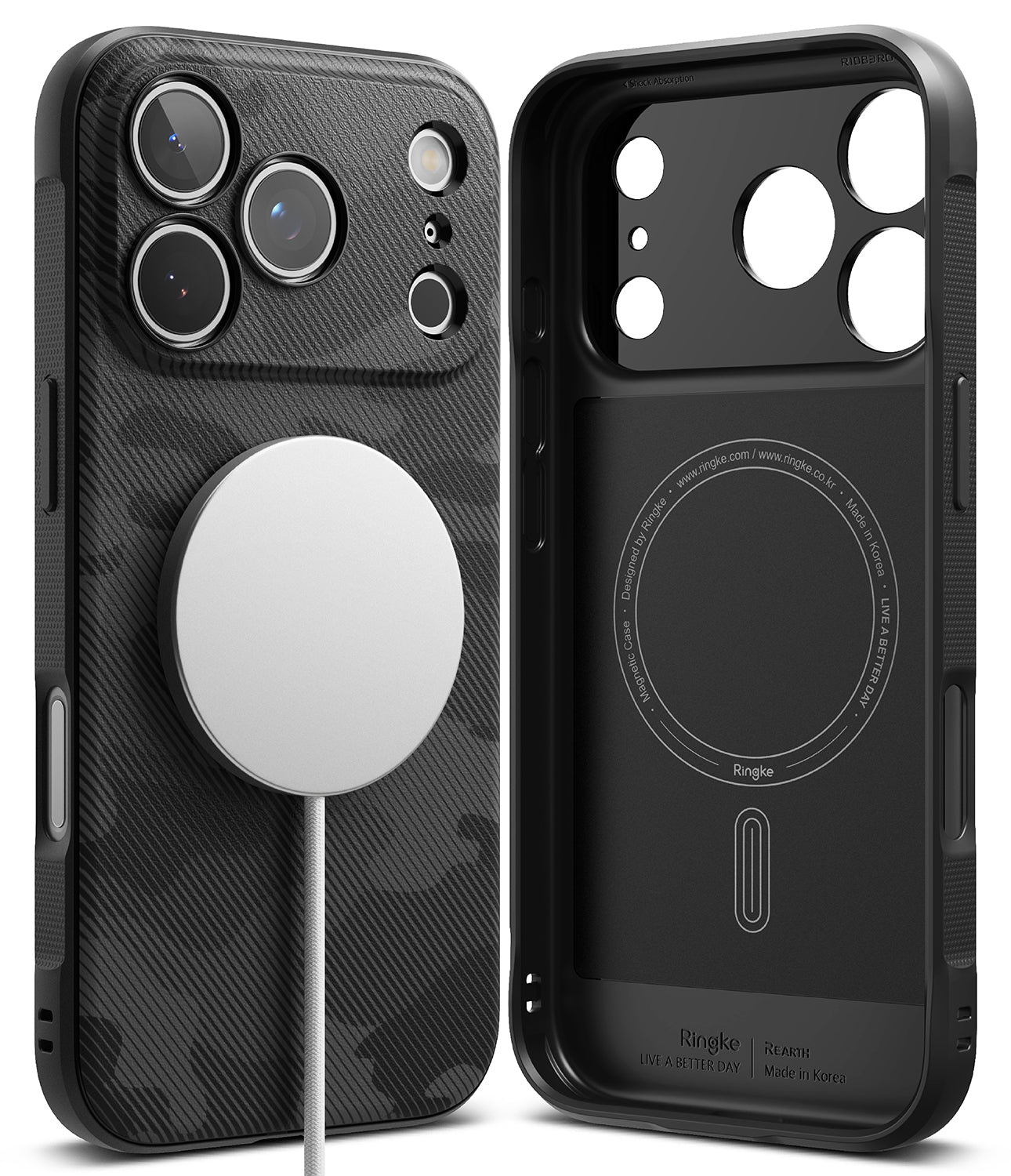 Black iPhone 17 pro max case with magnetic pop socket on a white background