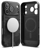Black iPhone 17 pro max case with magnetic pop socket on a white background