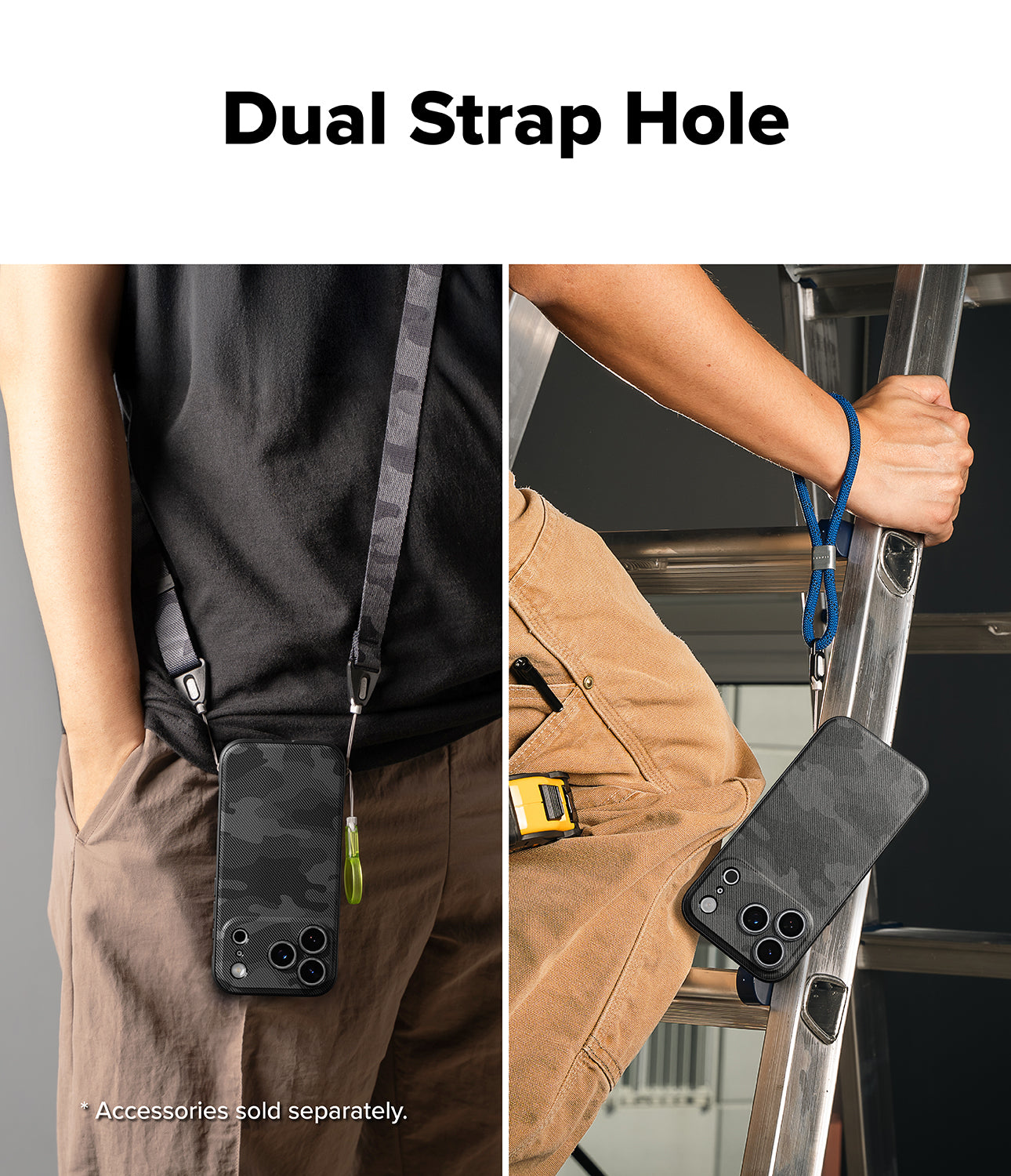 Person wearing a rope hand strap iPhone 17 pro max case with dual strap holes, holding a ladder.