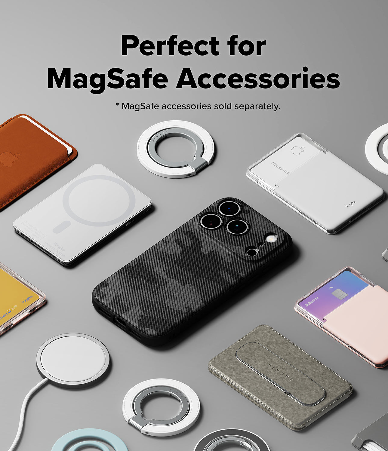 Collection of iPhone 17 pro max cases and accessories on a gray surface with text about MagSafe compatibility.
