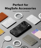 Collection of iPhone 17 pro max cases and accessories on a gray surface with text about MagSafe compatibility.