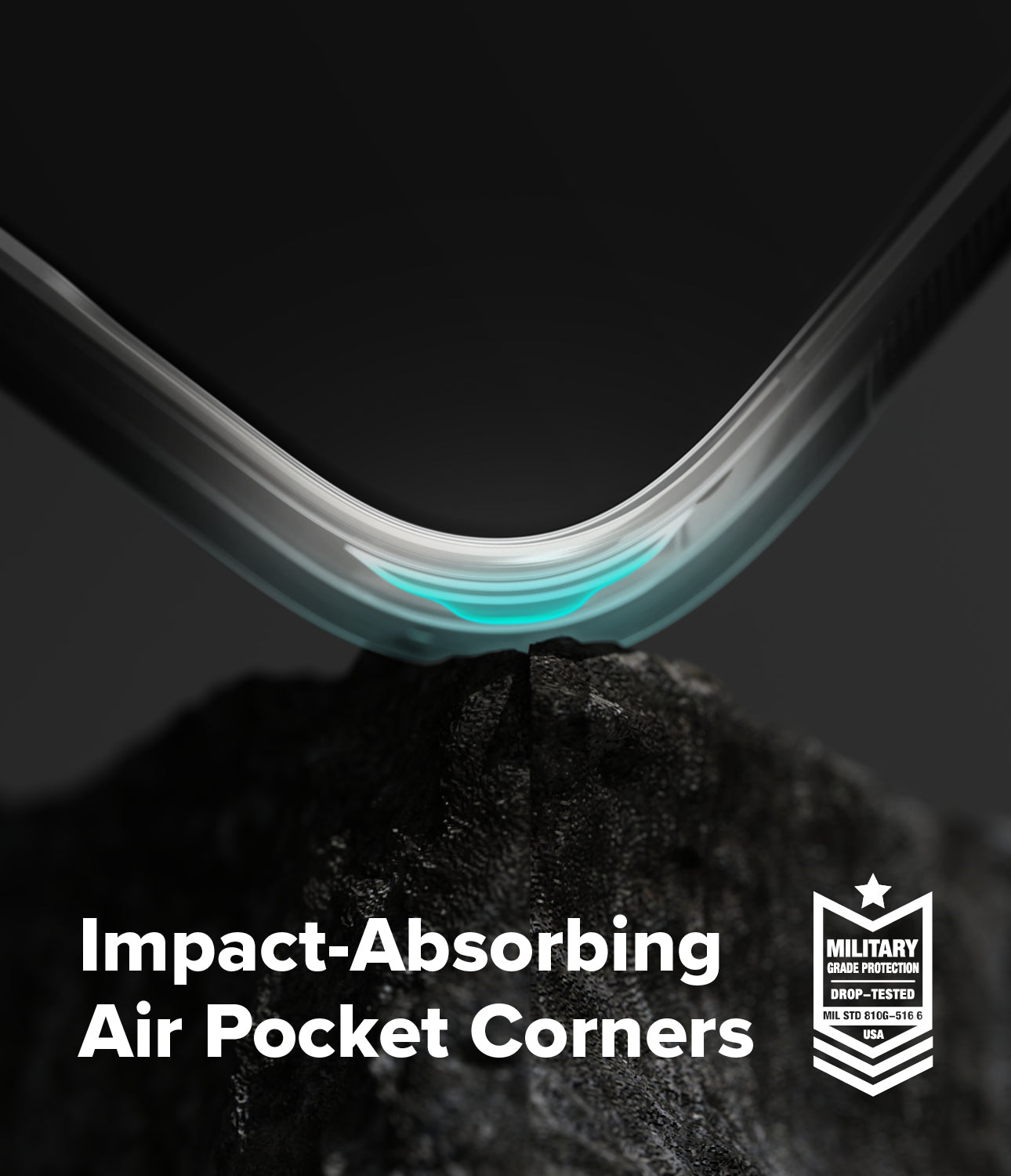 iPhone 17 pro max case with impact-absorbing air pocket corners on a dark background