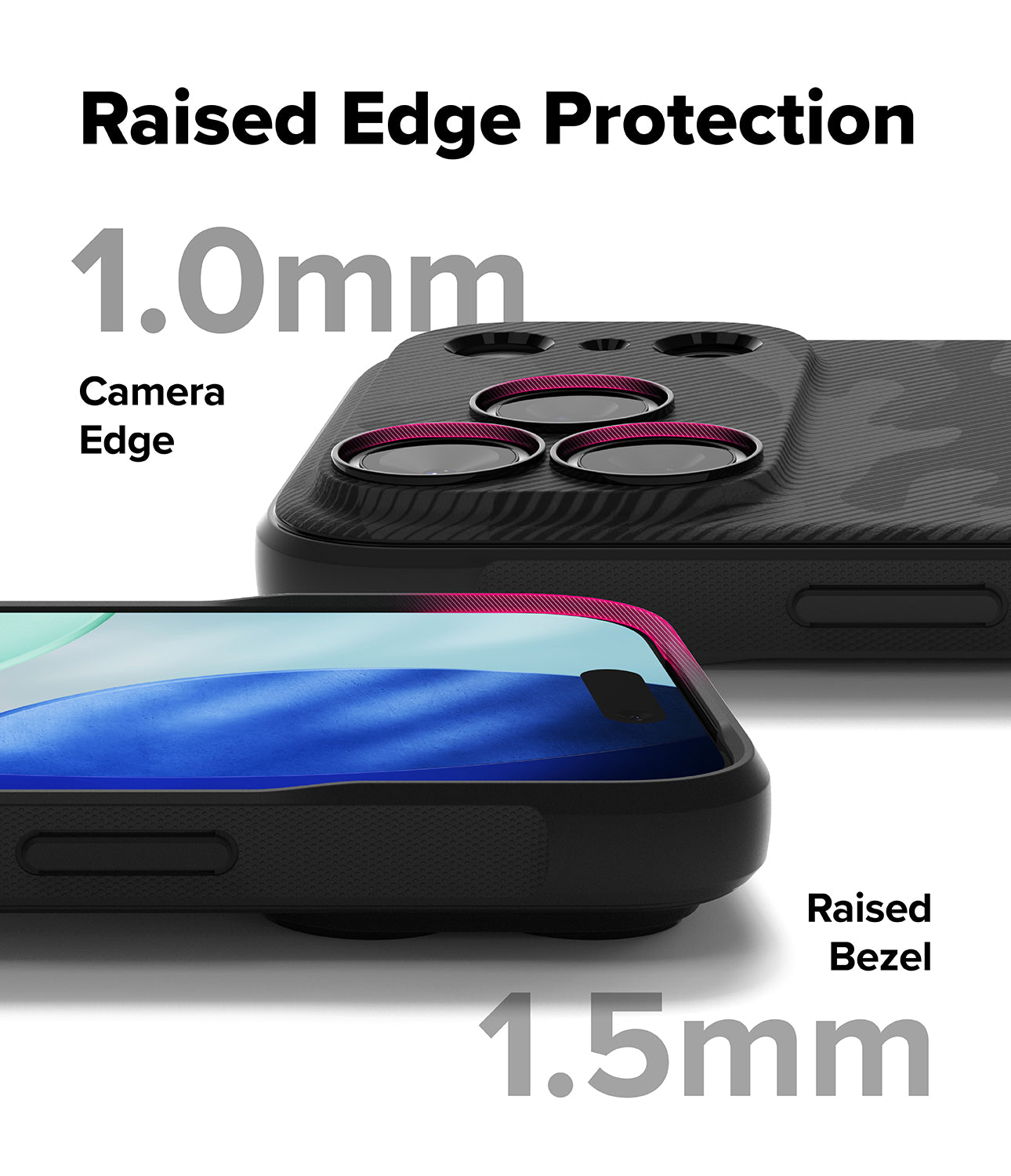 iPhone 17 pro max case with raised edge protection features labeled on a white background