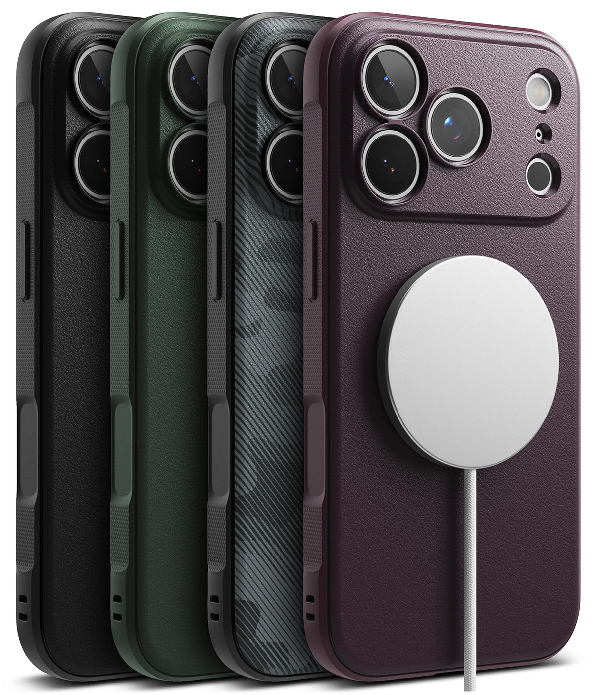 iPhone 18 Pro Case | Onyx Magnetic - Three smartphone cases shown from the back on a clean white background: a matte black case, a dark green case, and a dark gray carbon-fiber-texture case with a large white circular MagSafe-style ring attached. No person, animal, or real environment is present, so this is Product/Packaging.