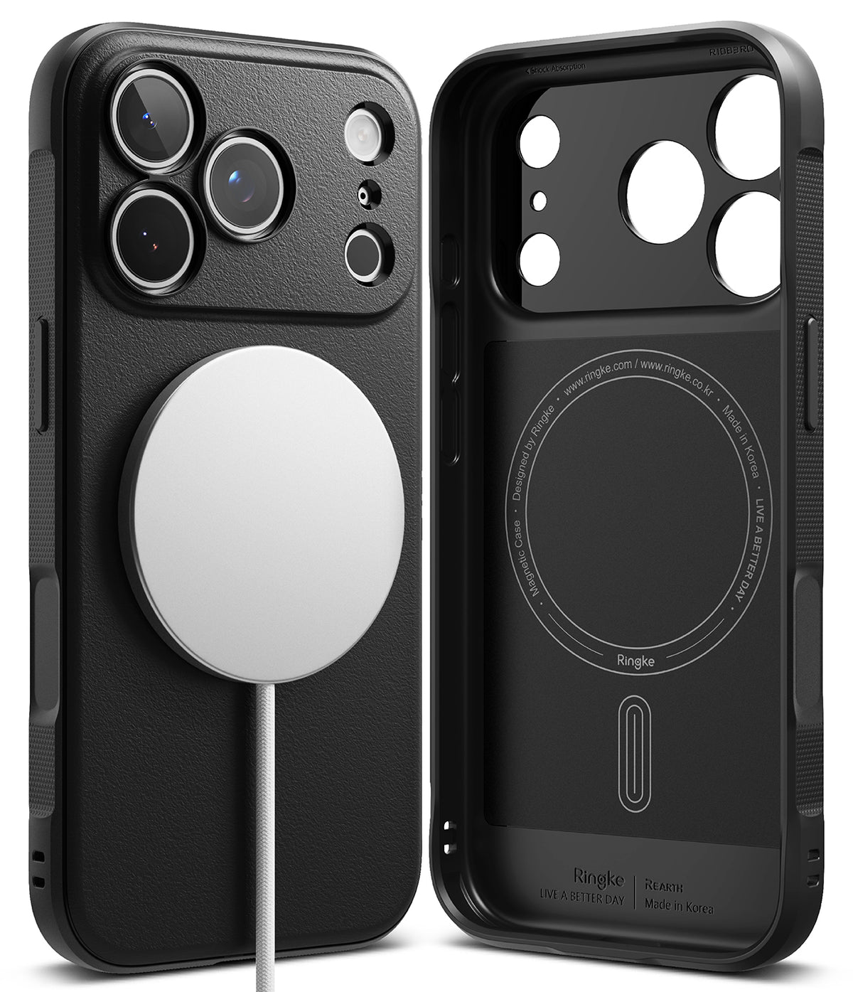 iPhone 18 Pro Case | Onyx Magnetic - Black MagSafe-compatible phone case shown from the back and inside, with a white circular magnetic ring attached on the left and a black magnetic charging pad visible on the right.