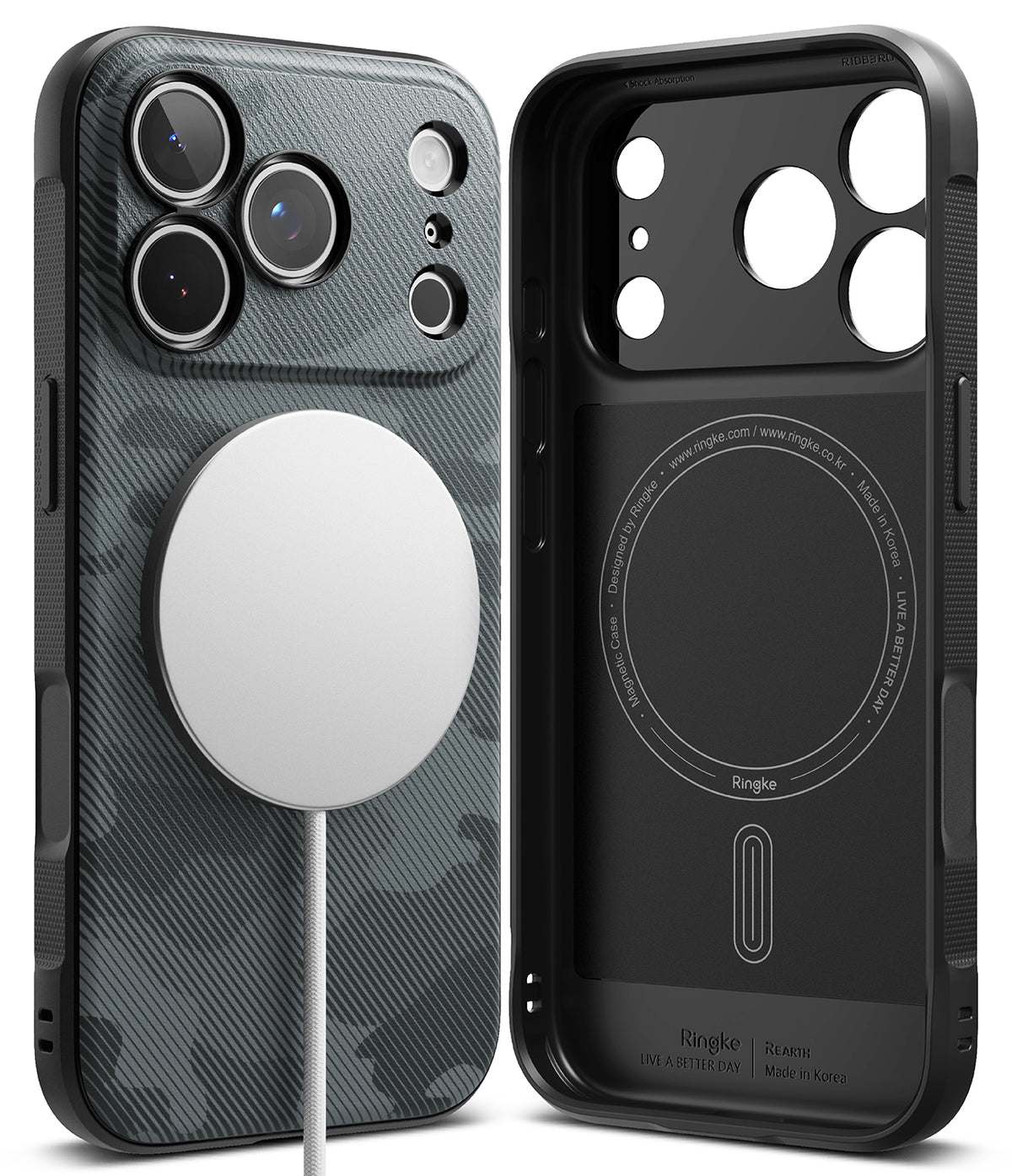 iPhone 18 Pro Case | Onyx Magnetic - A black and dark gray carbon-fiber-patterned Ringke MagSafe-compatible phone case shown from the back and side, with a white MagSafe ring attached on the left and the inside magnetic charging area visible on the right.