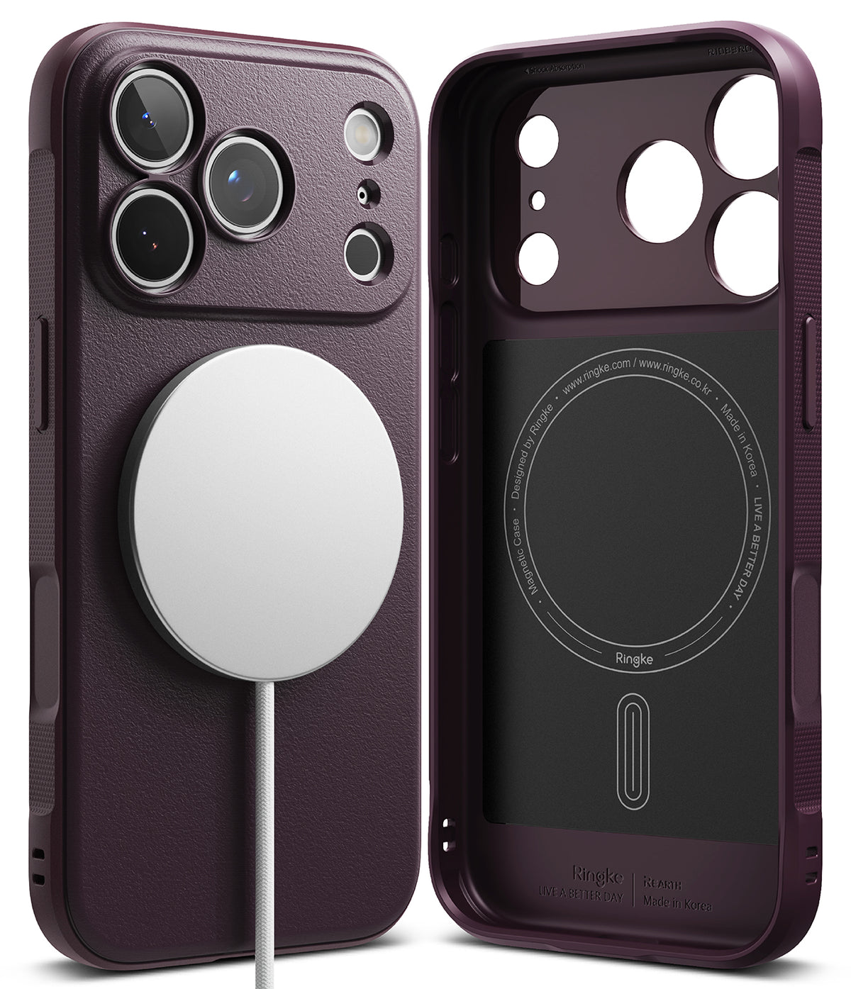 iPhone 18 Pro | Onyx Magnetic - Two views of a dark purple MagSafe-compatible phone case on a white background, showing the textured back with a white magnetic ring and the interior black lining with MagSafe alignment markings.