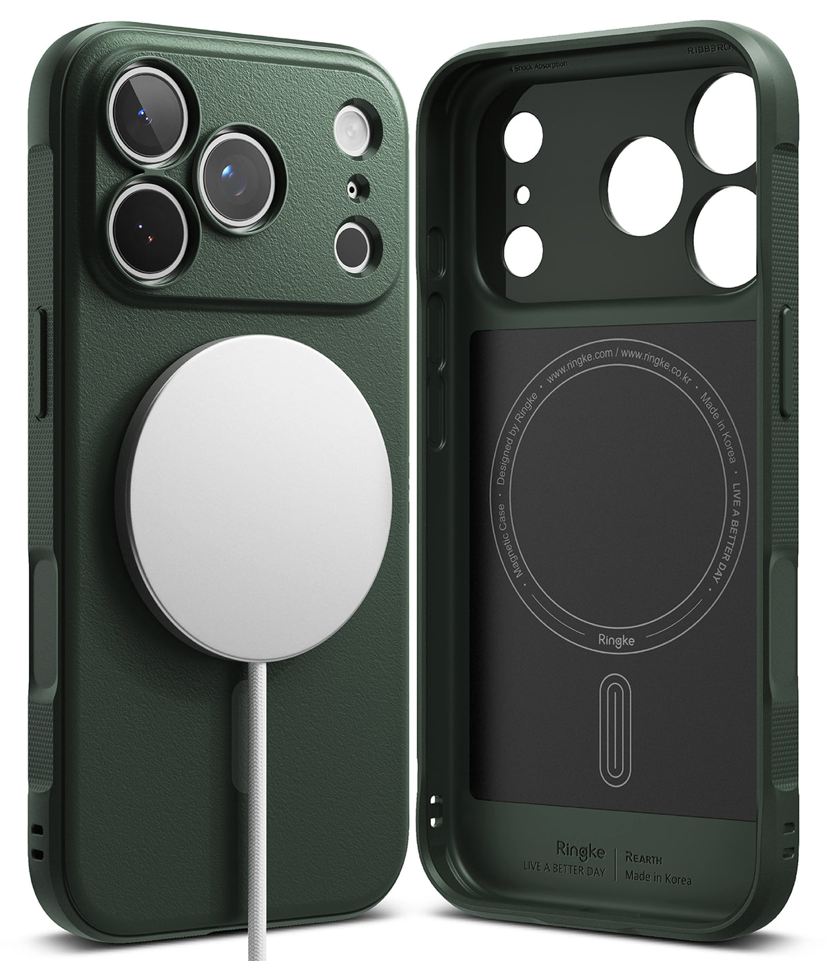 iPhone 18 Pro Case | Onyx Magnetic - Dark green MagSafe-compatible phone case shown from the back and inside, with a white circular magnetic ring attached on the left and a black magnetic charging pad visible on the right.