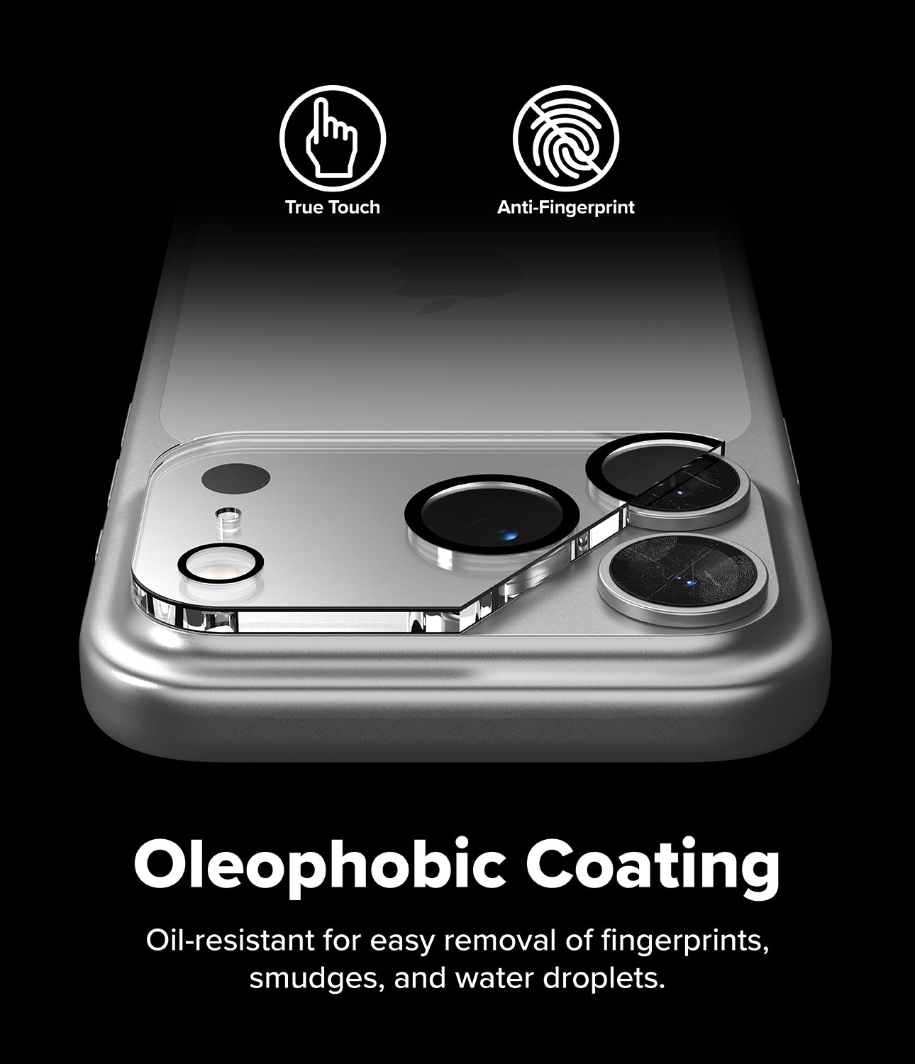 iPhone 17 Pro | Camera Glass - Close-up of camera lens protector on phone with True Touch and Anti-Fingerprint icons.