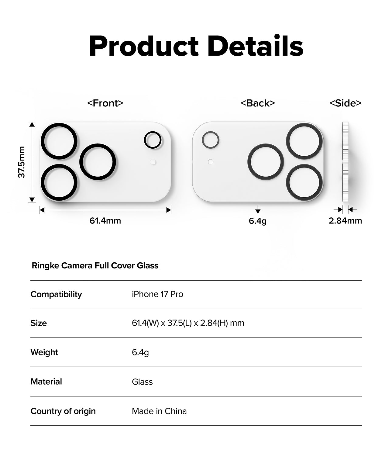 iPhone 17 Pro | Camera Glass - Technical diagram showing dimensions, weight, and front/back/side views of the camera cover.
