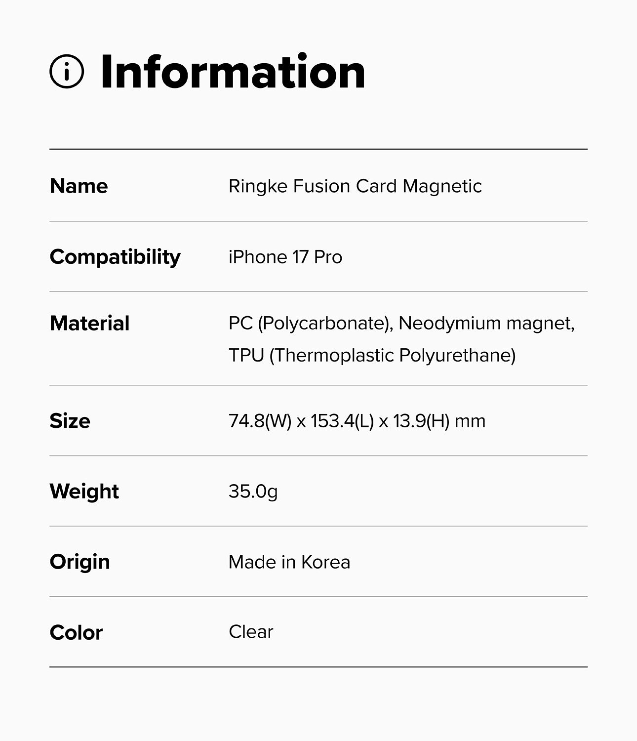 iPhone 17 Pro Case | Fusion Card Magnetic - Product information card for Ringke Fusion Card Magnetic with specifications.