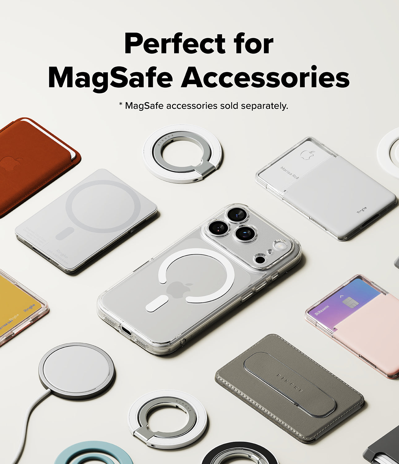 iPhone 17 Pro Cover | Folio Grip Wallet Magnetic - iPhone 17 Pro Cover - iPhone 17 Pro in a clear MagSafe case surrounded by various magnetic wallets, grips, and chargers.