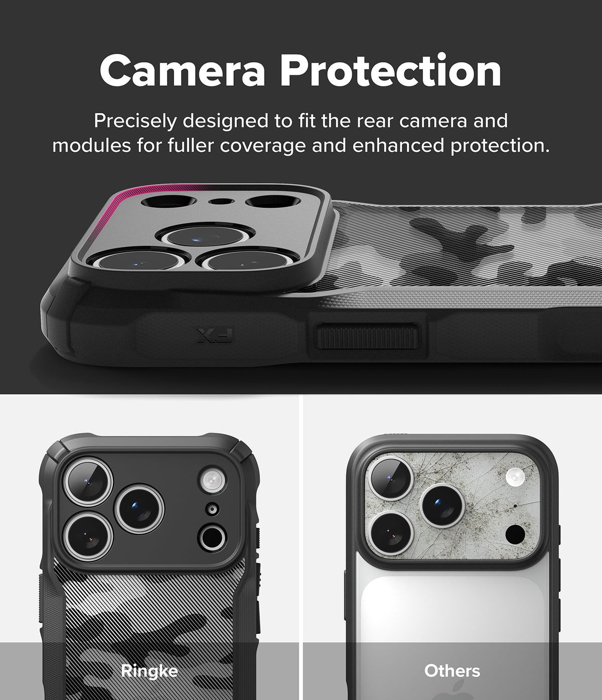 iPhone 18 Pro Case | Fusion-X - A phone case with a black bumper and a gray camouflage pattern, shown with text reading 'Camera Protection' and two smaller examples labeled 'Ringke' and 'Others' below.