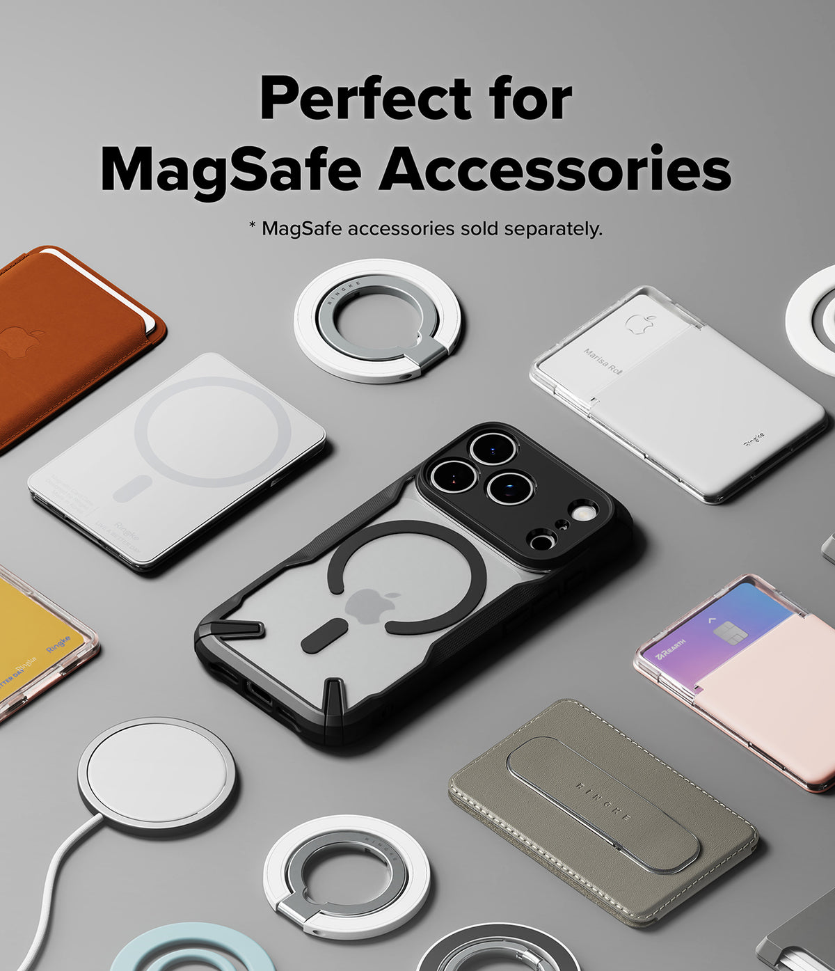 iPhone 18 Pro Case | Fusion-X Magnetic - A clear MagSafe-compatible phone case with a black bumper and MagSafe ring, shown among other MagSafe accessories on a light gray background. Text at the top reads 'Perfect for MagSafe Accessories' with a note that MagSafe accessories are sold separately.
