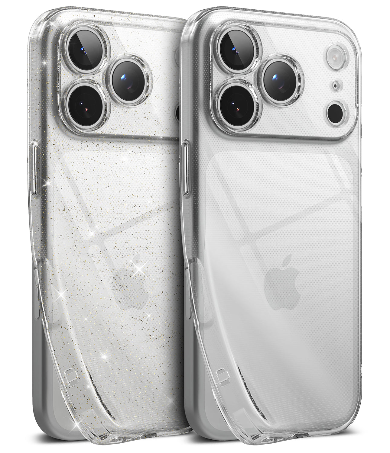 iPhone 18 Pro Max Case | Air - Two clear phone cases shown from the back, one with subtle glitter and one with a textured pattern, fitted on silver iPhones against a white background.
