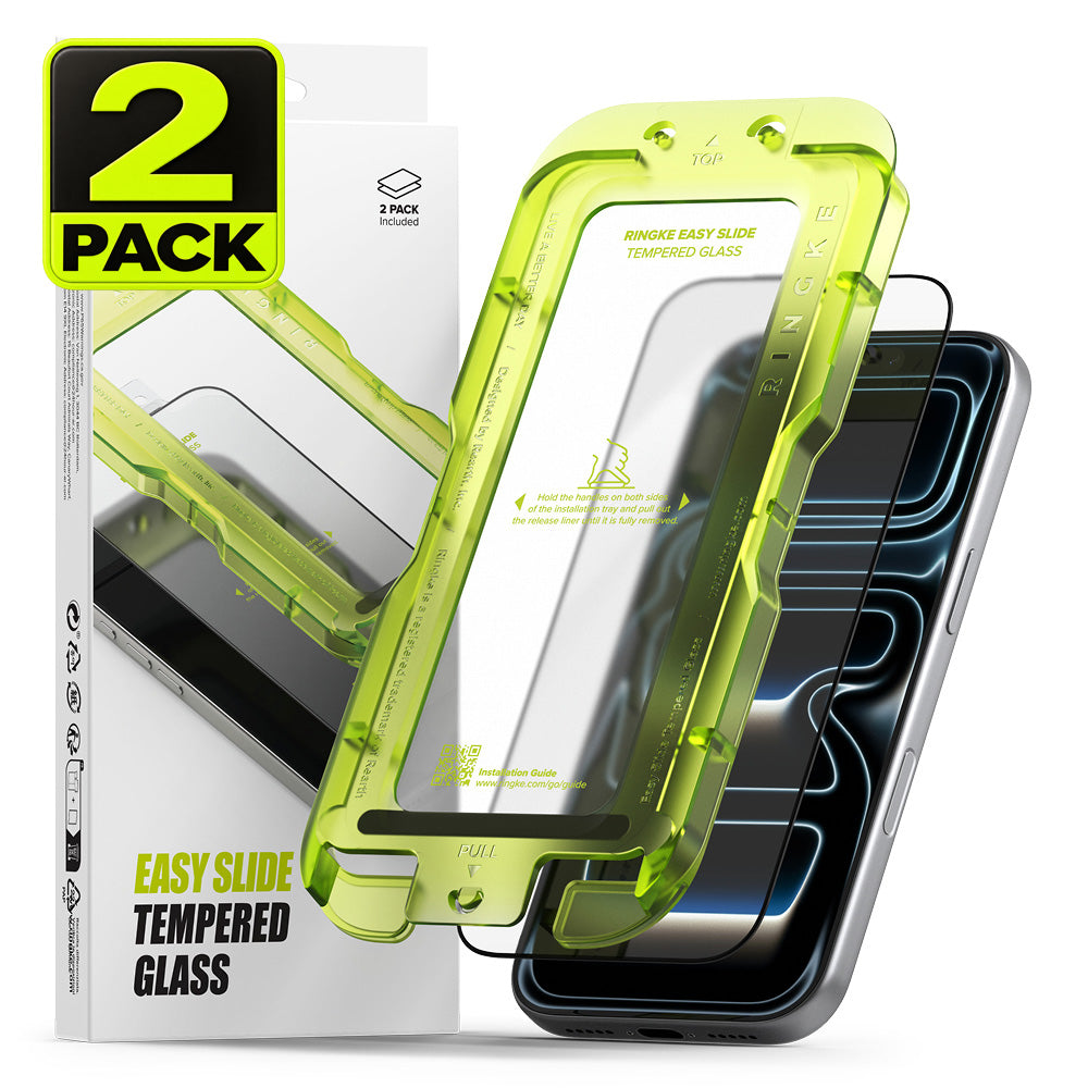 iPhone 18 Pro Max Screen Protector | Easy Slide Tempered Glass (2 Pack) - Two translucent lime green tempered glass screen protectors shown with a smartphone, alongside the product box. A large '2 PACK' badge appears in the top-left corner.
