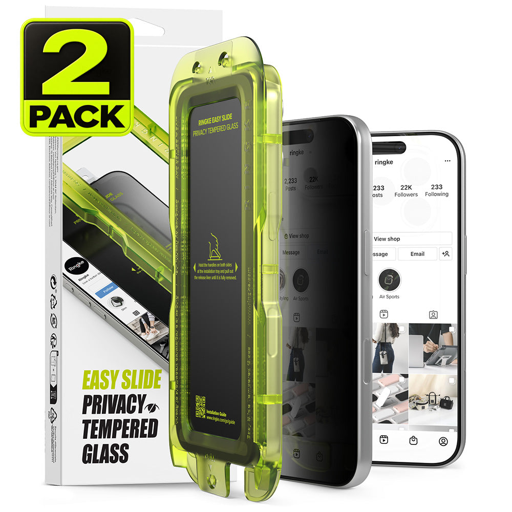 iPhone 18 Pro Max Screen Protector | Easy Slide Privacy Tempered Glass - Two translucent neon yellow-green privacy phone cases shown with retail packaging and two smartphone mockups on a white background. A large '2 PACK' badge appears in the top-left corner.