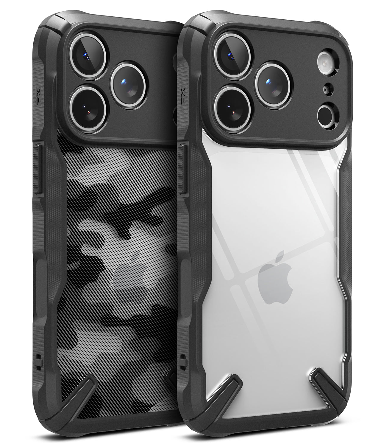 iPhone 18 Pro Max Case | Fusion-X - Two rugged phone cases shown side by side on a white background. The left case has a black and gray camouflage pattern on the back, while the right case is clear with a black bumper and camera surround.