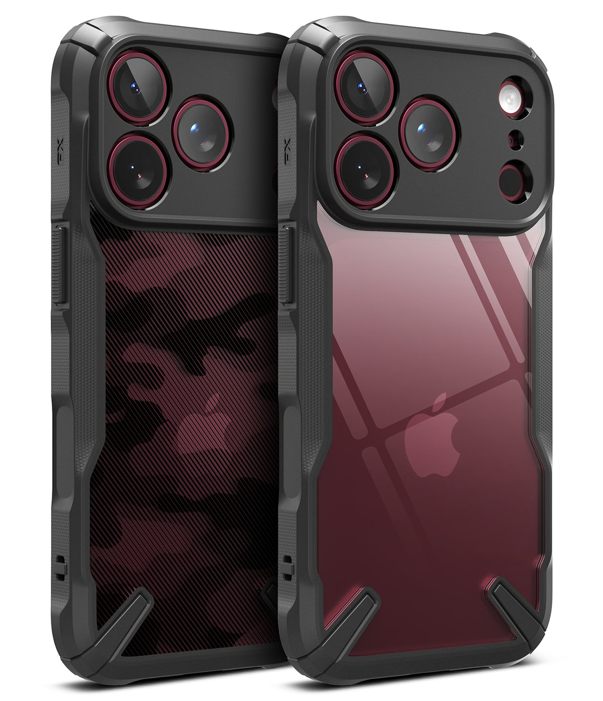 iPhone 18 Pro Max Case | Fusion-X - Two rugged phone cases shown side by side on a white background. The left case has a black and gray camouflage pattern on the back, while the right case is clear with a black bumper and camera surround.