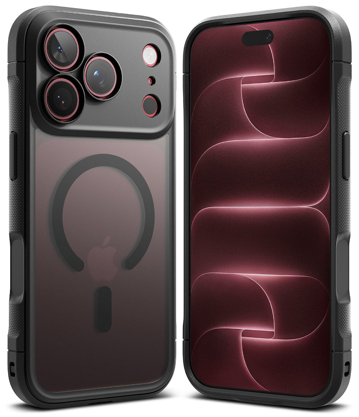 iPhone 18 Pro Max Case | Fusion Bold Magnetic Matte - Two views of a rugged black protective phone case on a white background. The left view shows the back of the case with a MagSafe-compatible circular ring and camera cutouts.