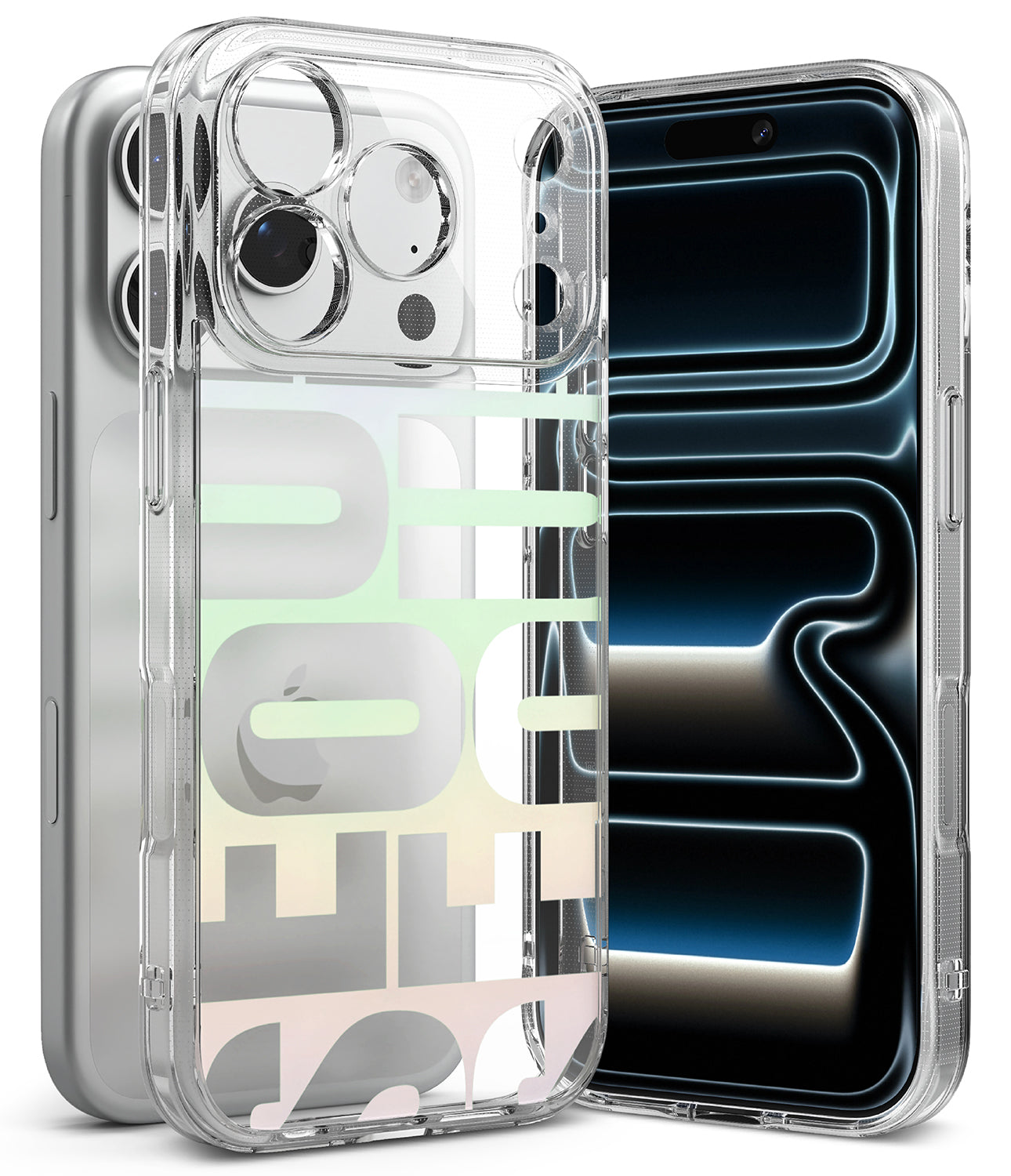 iPhone 18 Pro Max Case | Fusion Design - A clear protective phone case with a translucent design and large stylized lettering, shown on a silver smartphone. A second view of the same phone appears behind it, displaying a dark blue and black wallpaper.